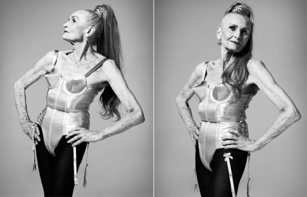 Daphne Selfe poarta corsetul exclusiv pentru Madonna de Jean Paul Gaultier PC: thetimes.co.uk