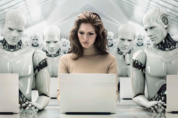 Businesswoman Surrounded by Robots – Image by © Blutgruppe/Corbis