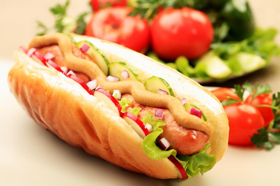 Close up of hot dog. Fast food. Isolated over white background.