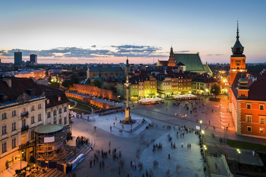 Night panorama of Old Town in Warsaw, Poland