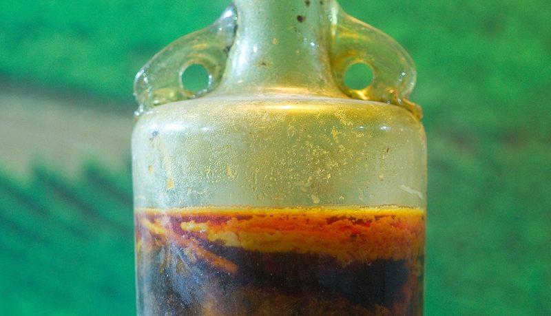 A glass bottle with the so-called ‘Roman wine’ is on display at the Palatinate Historical Museum in Speyer, Germany, 08 September 2011. The amphora from the 4th century A.D. might contain the oldest still fluid wine in the world. Photo: Uwe Anspach
