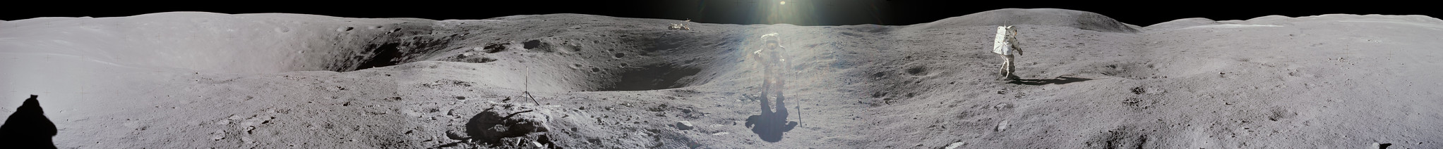 Panorama view of Apollo 16 Lunar surface photos for use in presentations to NASA management and for Outreach Education in regard to new NASA initiative for human planetary research. Photo numbers used for this panoramic include: Apollo 16 start frame AS16-114-18416 thru end frame AS16-114-18431.
