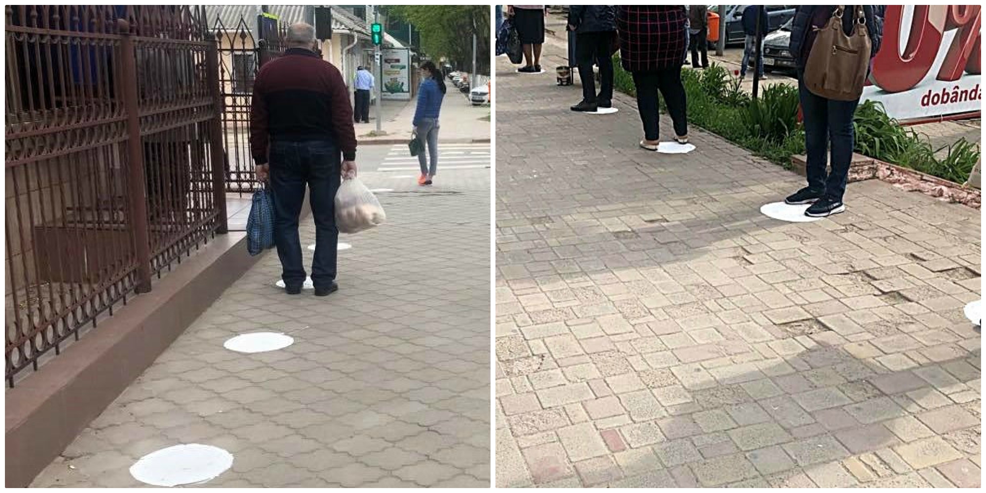 (foto) Trotuarele de la Ungheni au fost marcate cu buline albe pentru păstrarea distanței sociale