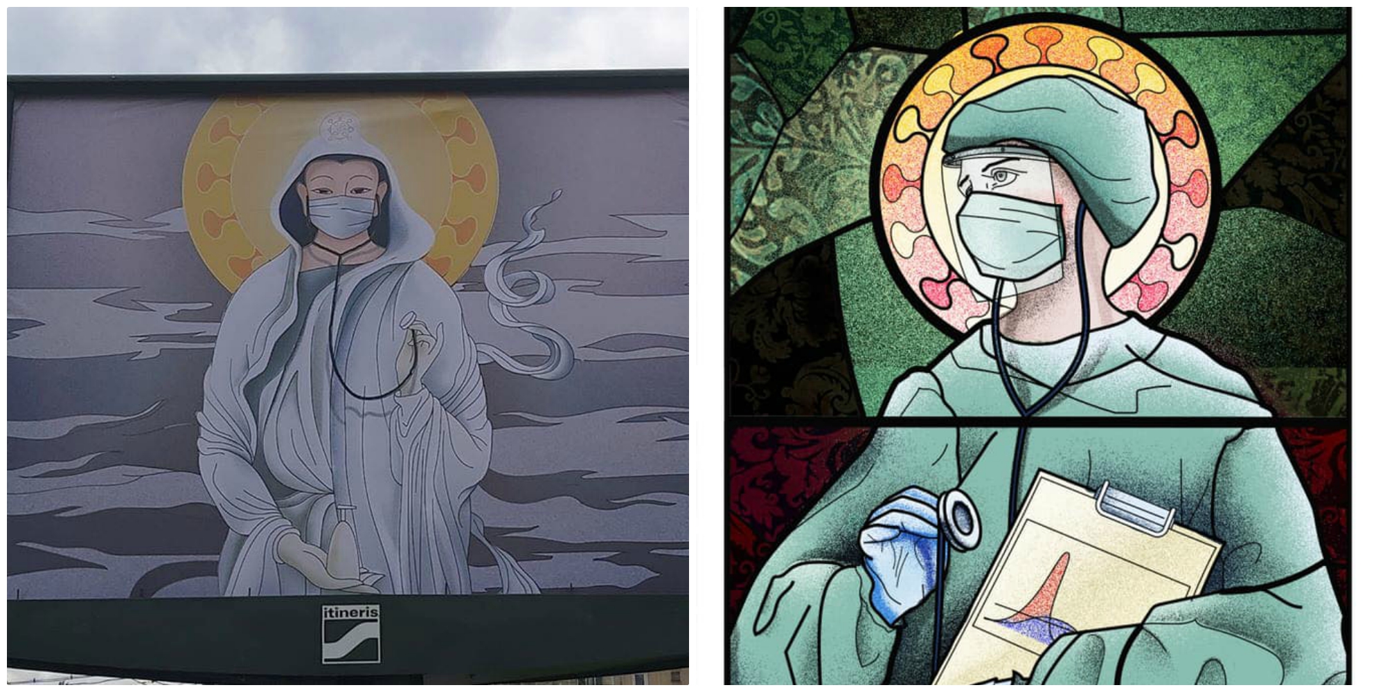 O artistă din București a ilustrat medicii în postură de sfinți pe panouri publicitare. Biserica Română a acuzat-o de „blasfemie”