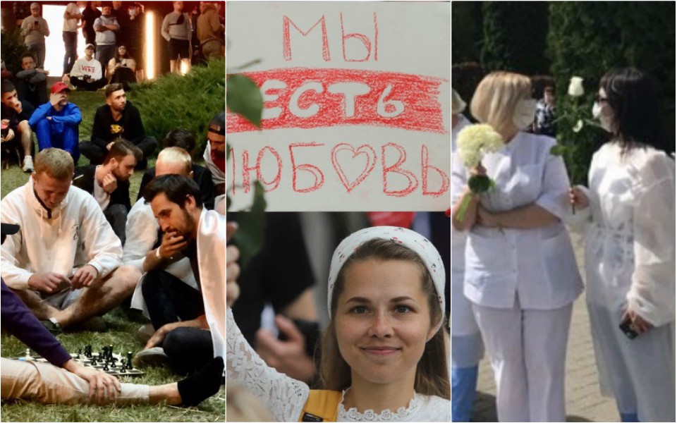 (foto, video) Cultura protestului din Belarus. Oamenii se descalță când urcă pe scaune, dăruiesc flori poliției, cântă și adună gunoiul