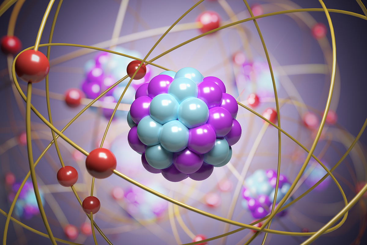 3D rendered illustration of elementary particles in atom. Physic