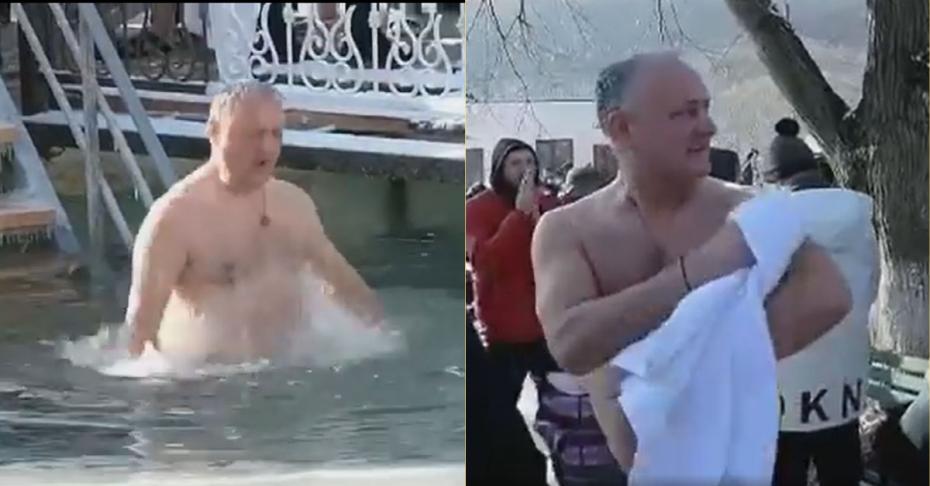 (video) De Bobotează, Igor Dodon s-a scăldat în lacul mănăstirii Țigănești. „Obișnuiesc să fac baie în apa rece a unui lac”