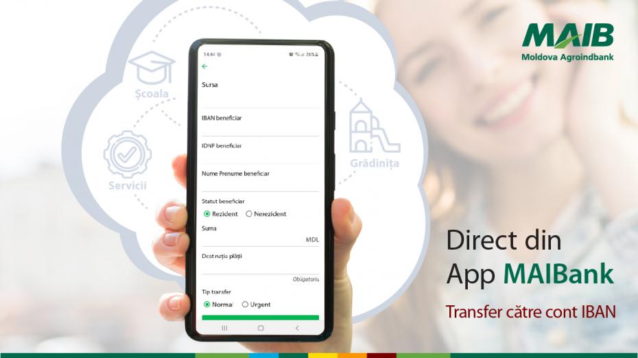 Nou de la Moldova Agroindbank: Transfer de bani către cont IBAN prin App MAIBank