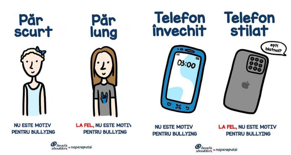 Nu contează dacă ai sâni mici sau mari, telefon performant sau vechi, note bune sau rele. Bullying-ul, prezentat într-o serie de caricaturi