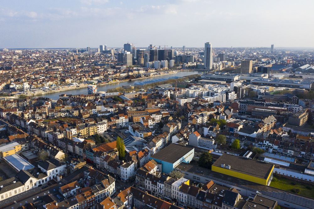 Brussels, Laeken, Belgium, April 8, 2020: Aerial view of Laeken street with tram rails