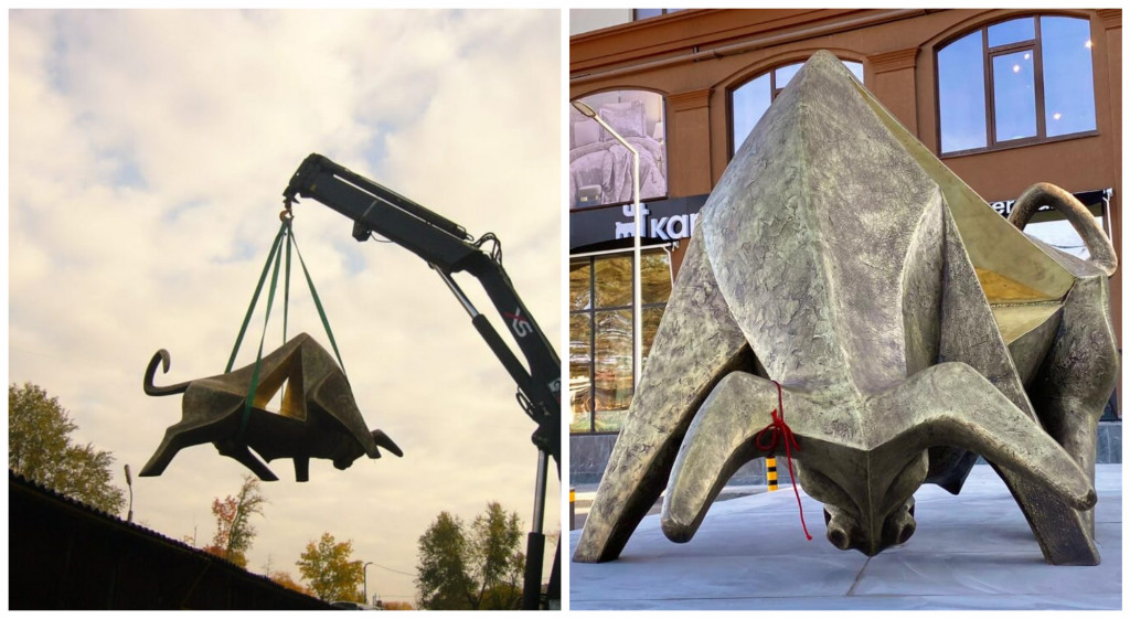 (foto) La Telecentru a fost instaurată o nouă sculptură. Aceasta reprezintă un taur cu un gol triunghic în interior