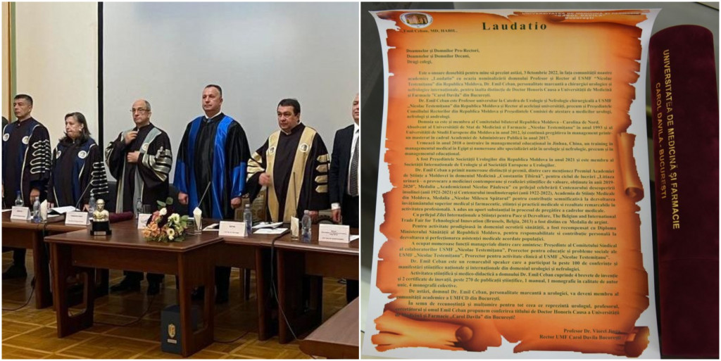 Rectorul USMF, Emil Ceban, a obținut titlul de Doctor Honoris Causa al Universității de Medicină și Farmacie „Carol Davila” din București
