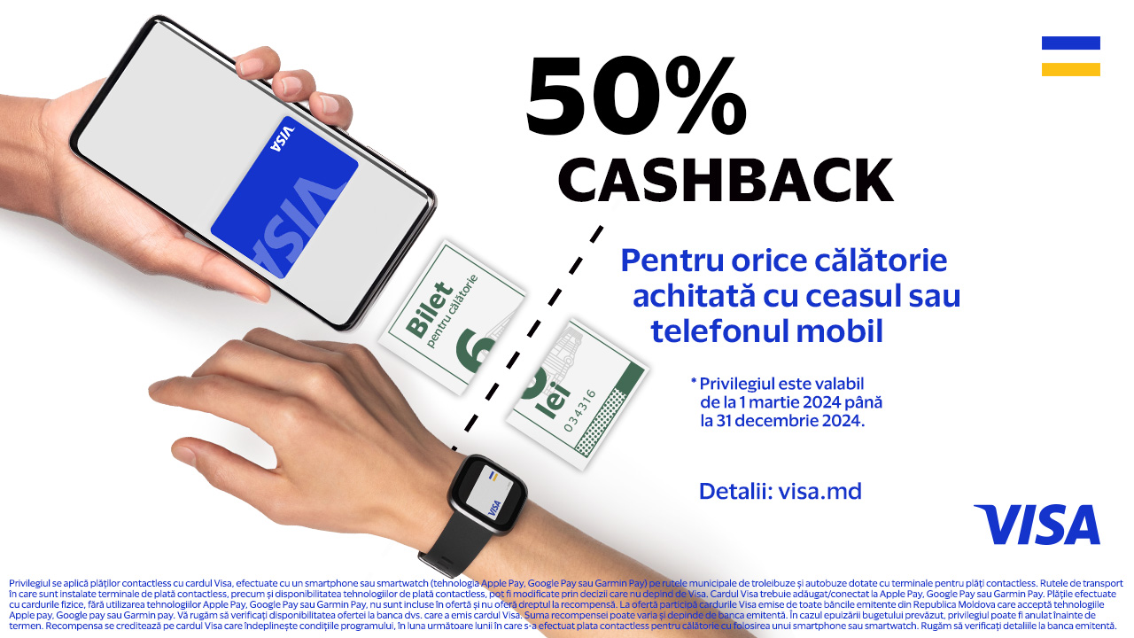 Achită călătoria în transportul public cu telefonul sau cu ceasul inteligent și primește 50 % cashback pe cardul tău VISA