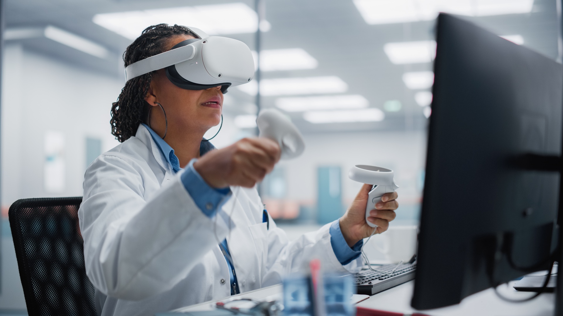 Futuristic,Medical,Hospital:,Black,Female,Neurosurgeon,Wearing,Virtual,Reality,Headset