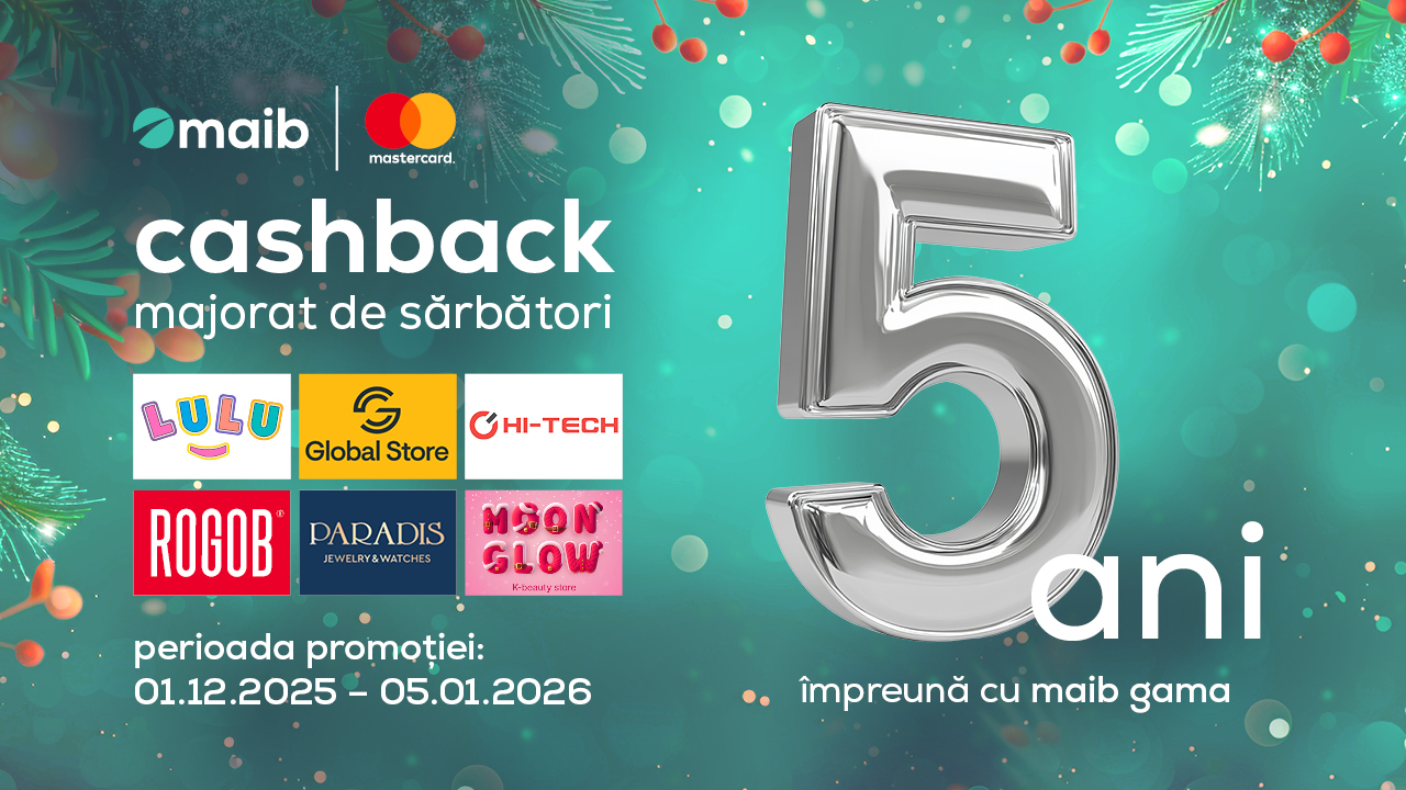 Sărbătorește cinci ani de beneficii maib gama Mastercard și primește cashback majorat de 5 %